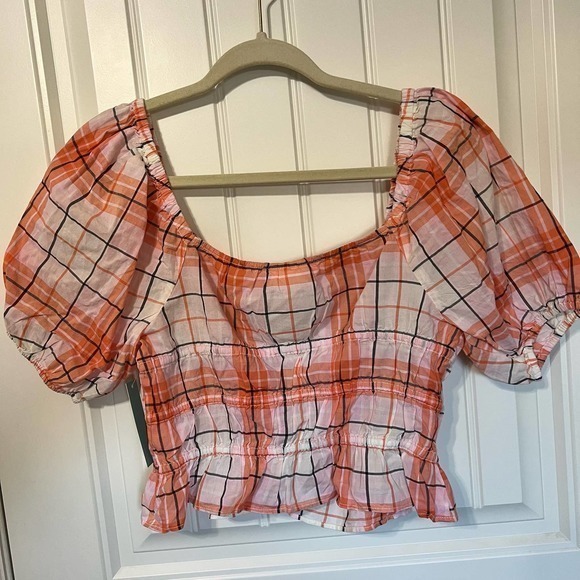ABOUND Coral Plaid Puff Sleeve Crop Top Cottagecore Ruched Front Blouse‎ Size S - Picture 9 of 9